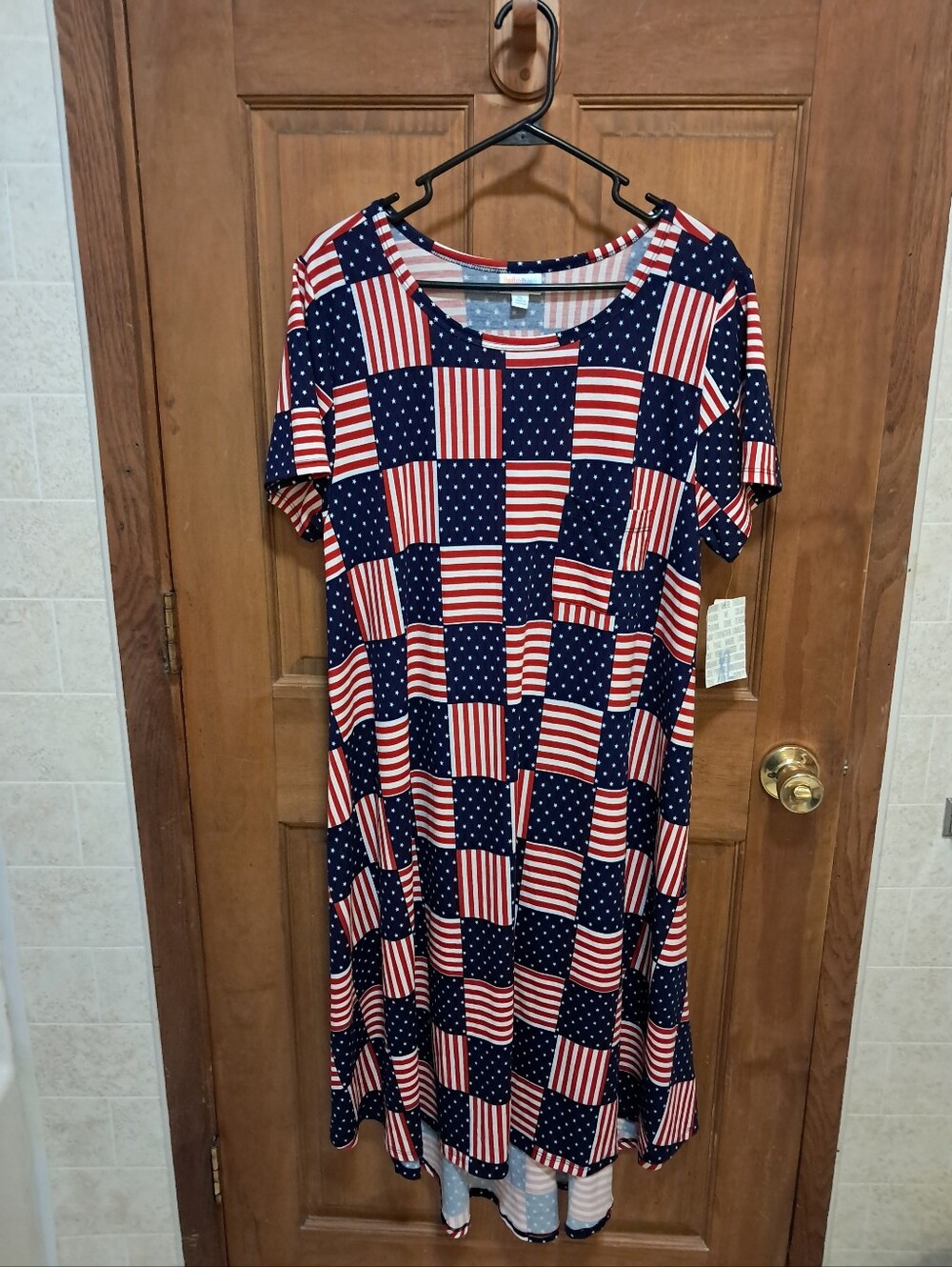 LuLaRoe Navy and Red Flag Patchwork Midi Dress With Hi Low Hemline